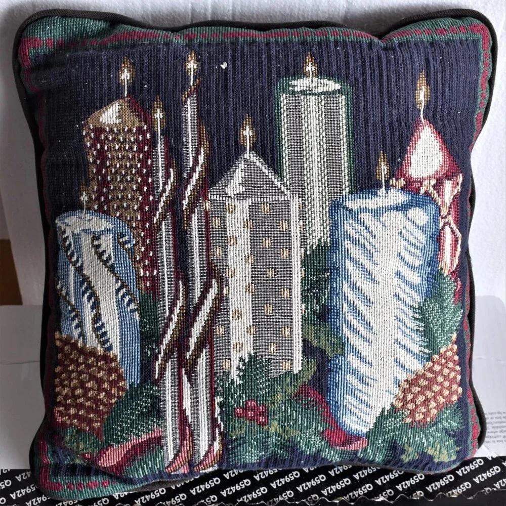Christmas Tapestry Candle Garland Pine Cone Pillow 12 x 12